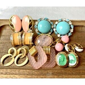 Lot 9 Vintage Pastel Earrings & Brooch/Pendant Jewelry Pink Green Blue Soft Tone